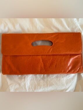 Orange Leather Fold-Over Clutch Bag